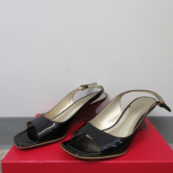 Franco Sarto Square-Toe Wood Heel Sandals Women 7.5 Black Patent Leather y2k 332 - Picture 1 of 12